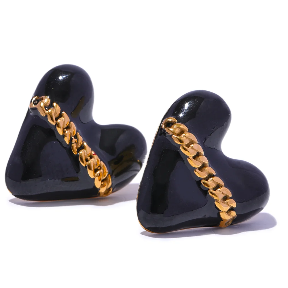 Black White Enamel Heart Earrings - Ecru