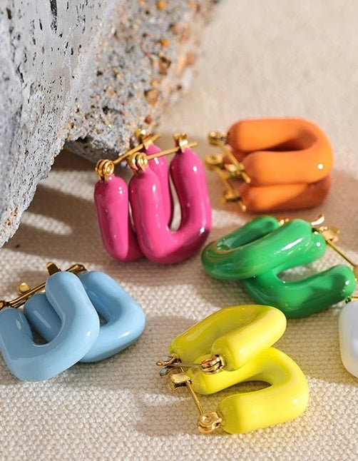 Candy Enamel Square Chunky Earrings - Ecru