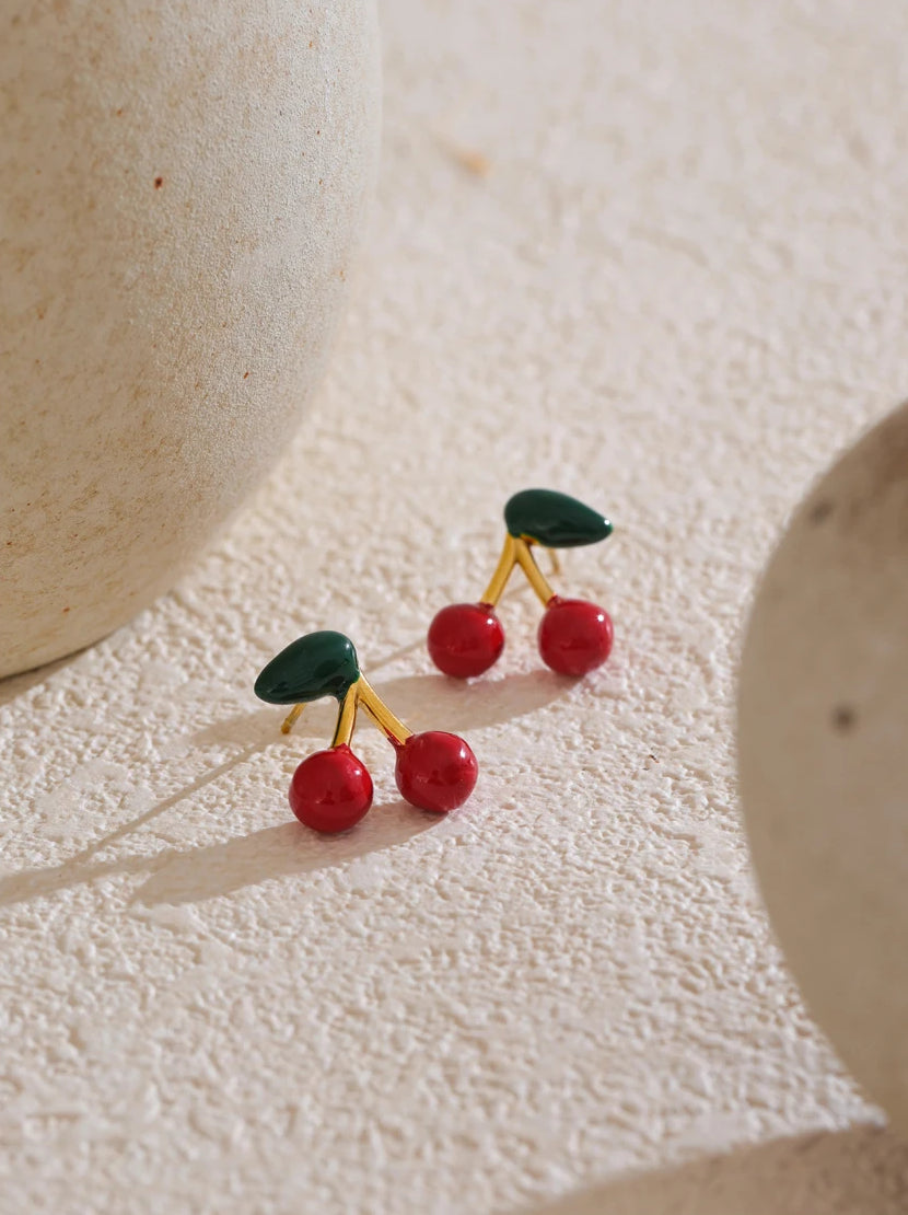 Charming Cherry Unique Stud Earrings - Ecru