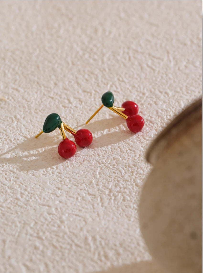Charming Cherry Unique Stud Earrings - Ecru
