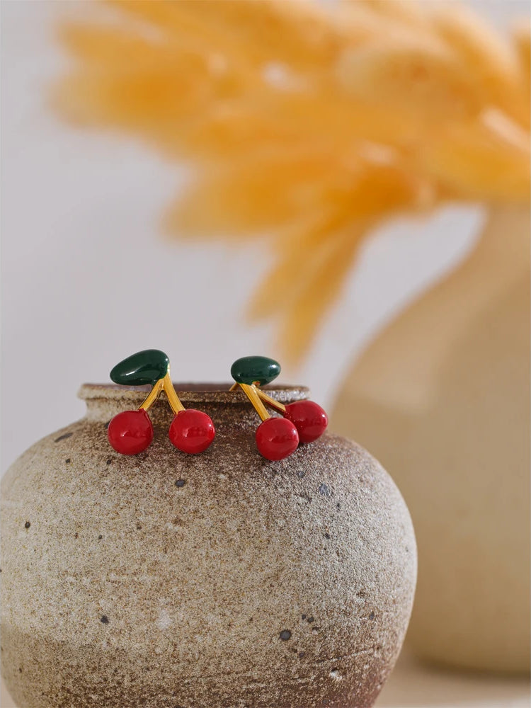 Charming Cherry Unique Stud Earrings - Ecru