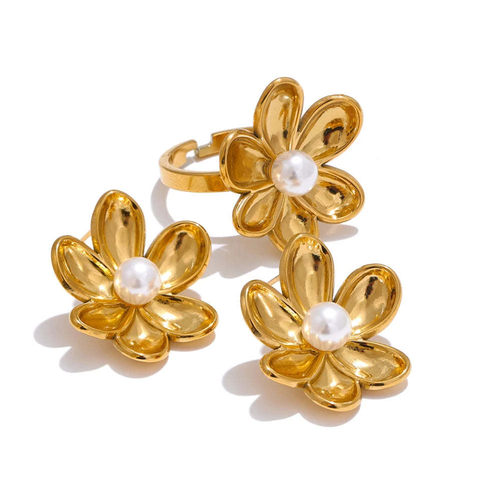 Chic Pearl Flower Jewelry Set, Set - Ecru