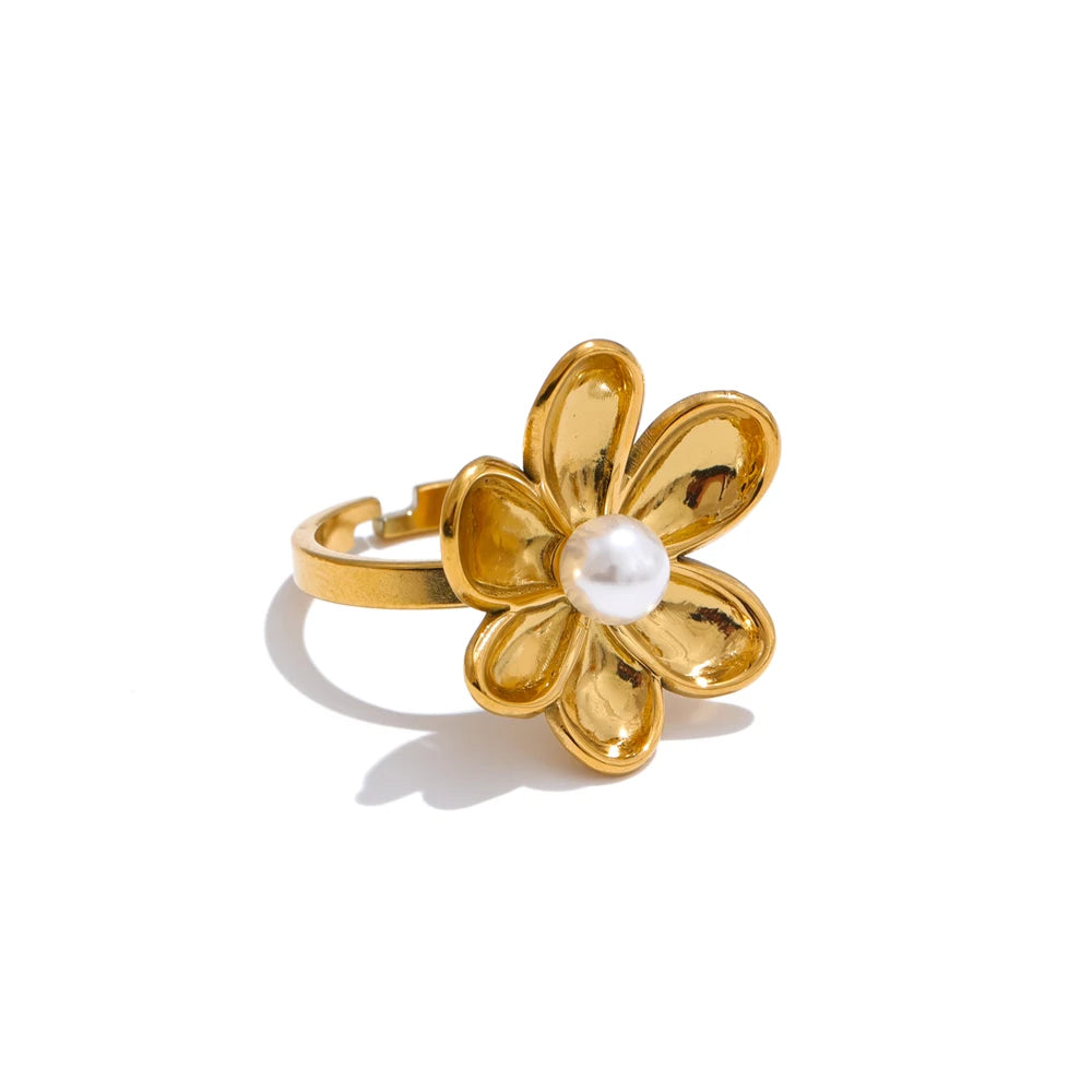 Chic Pearl Flower Jewelry Set, Ring - Ecru