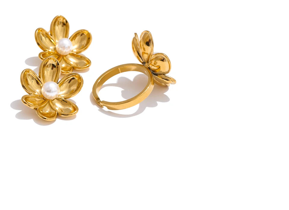 Chic Pearl Flower Jewelry Set - Ecru