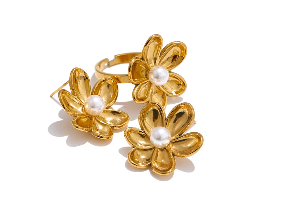 Chic Pearl Flower Jewelry Set - Ecru