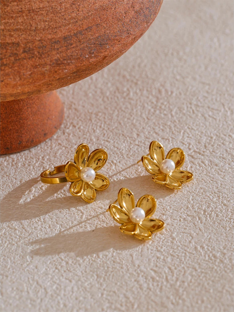 Chic Pearl Flower Jewelry Set - Ecru
