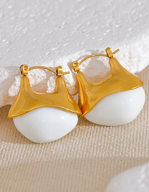 Chunky Shiny Modern Hoop Earrings - Ecru