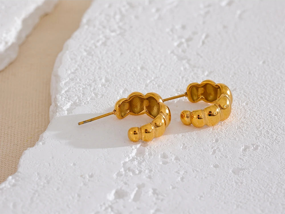 Chunky Textured Trendy Huggie Earrings - Ecru