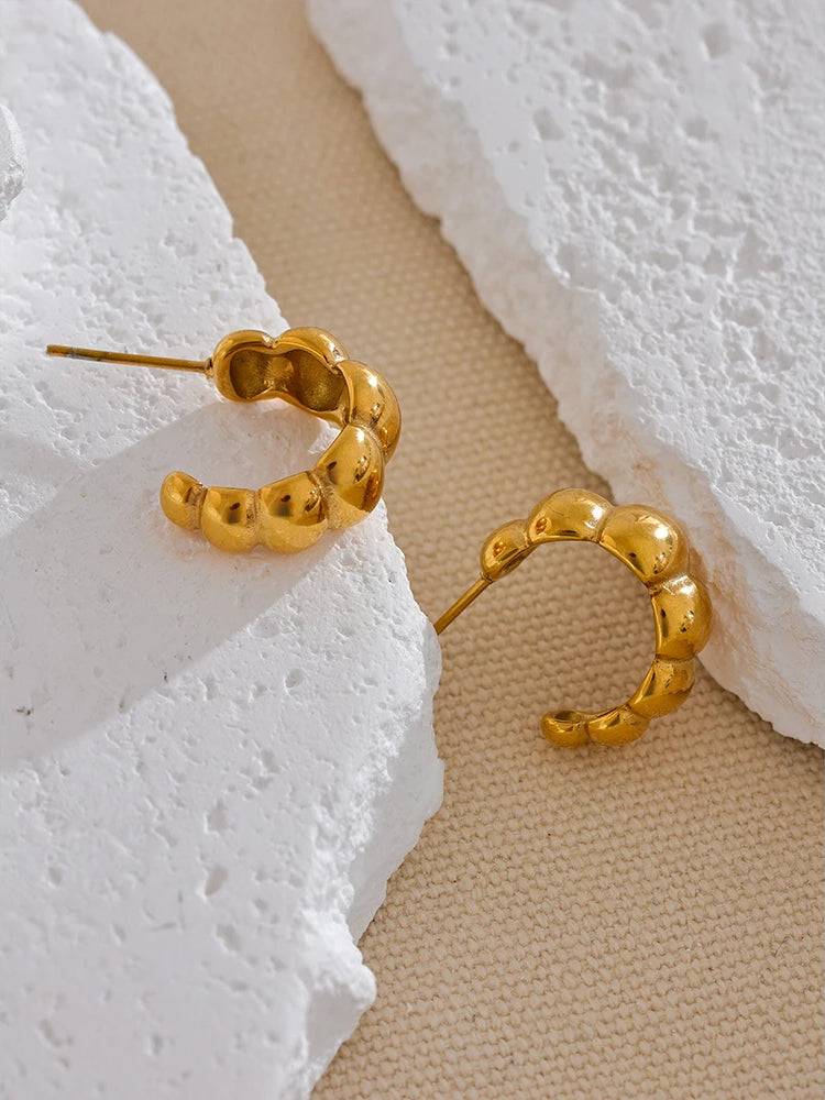 Chunky Textured Trendy Huggie Earrings - Ecru