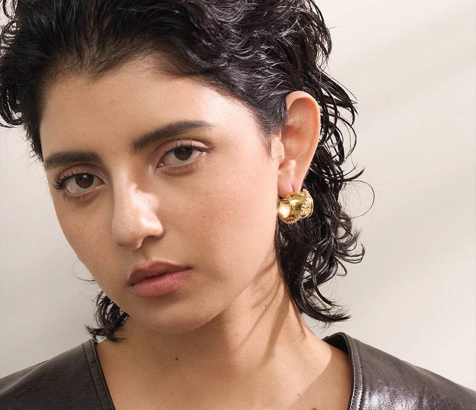 Chunky Trendy Zircon Hoop Earrings - Ecru