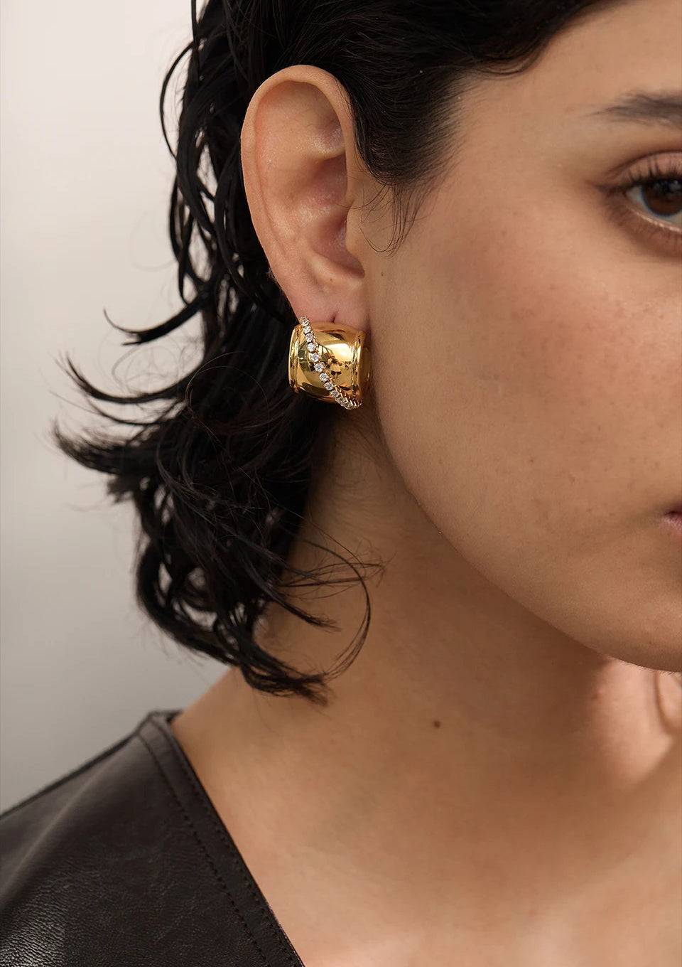Chunky Trendy Zircon Hoop Earrings - Ecru