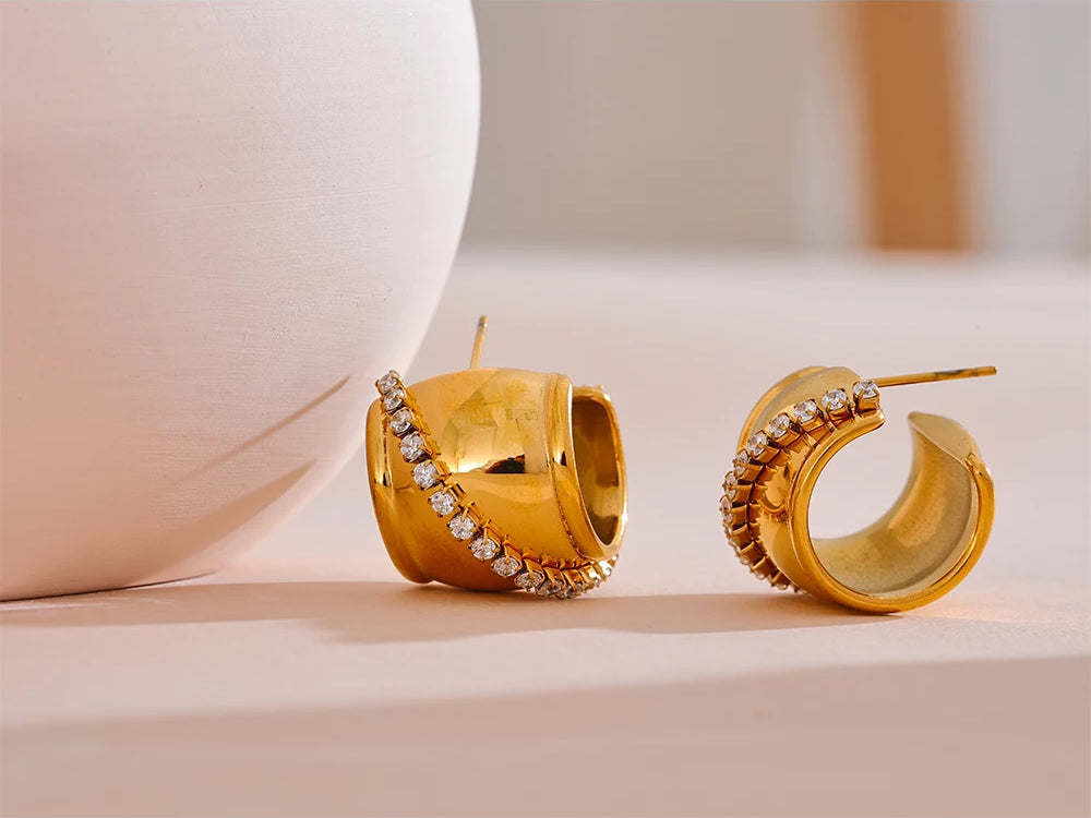 Chunky Trendy Zircon Hoop Earrings - Ecru