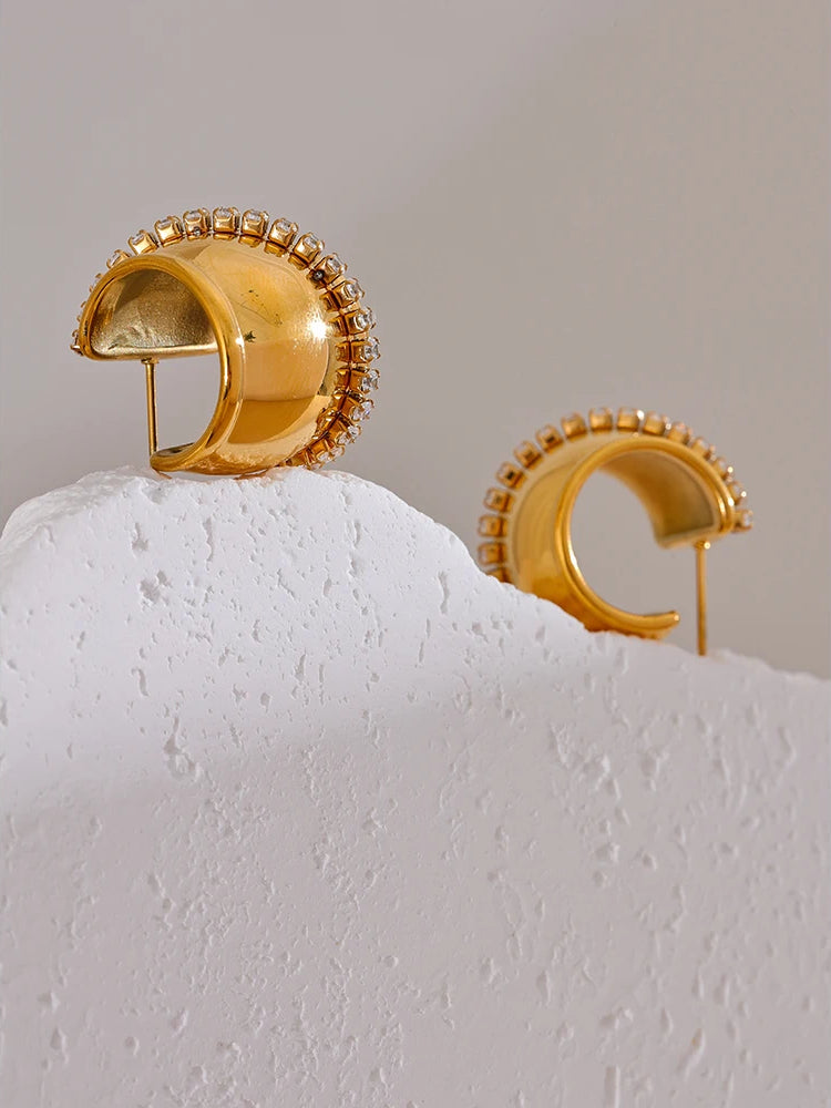 Chunky Trendy Zircon Hoop Earrings - Ecru