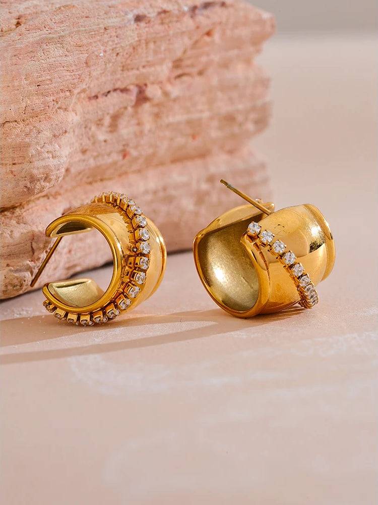 Chunky Trendy Zircon Hoop Earrings - Ecru