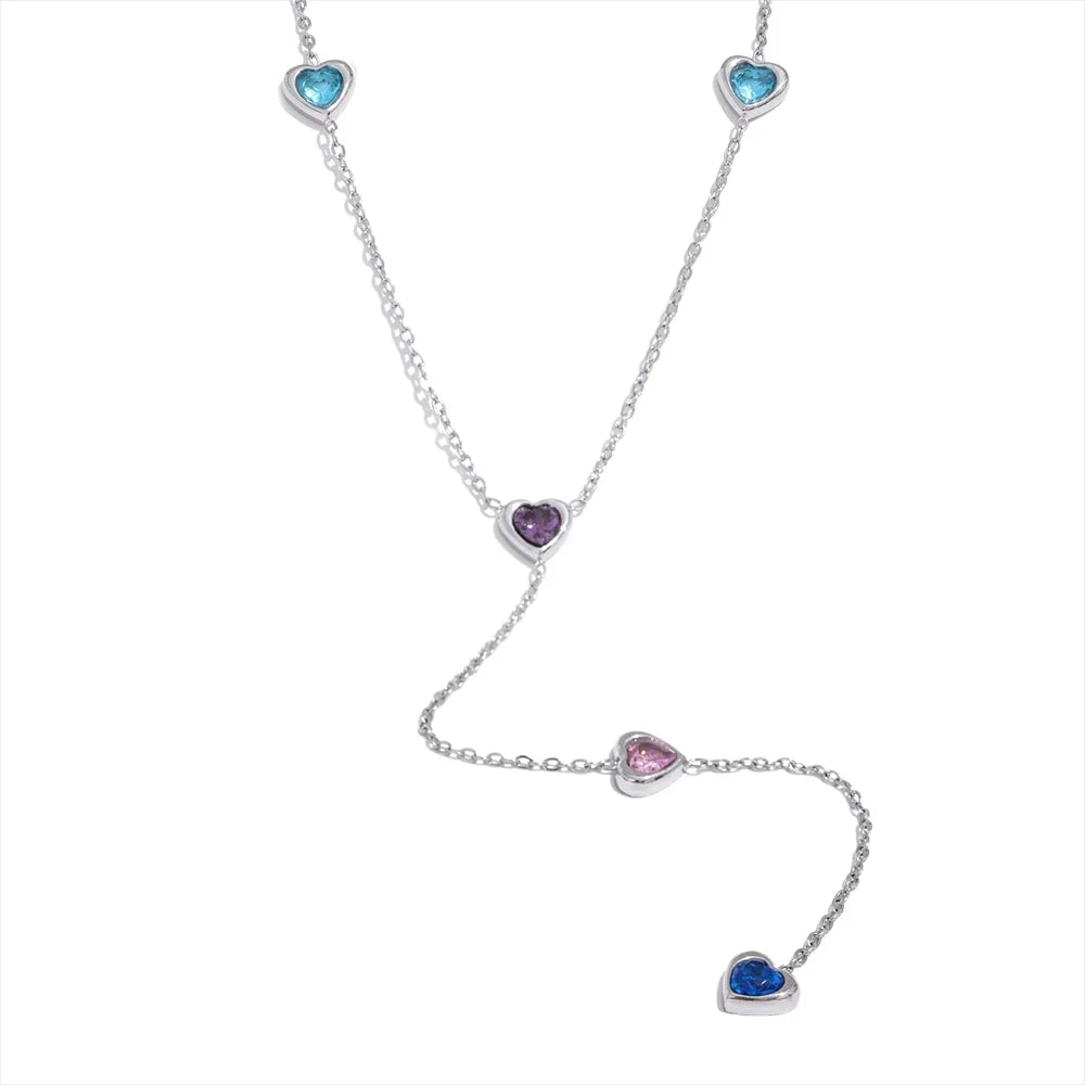Colorful Cubic Zirconia Heart Necklace - Ecru