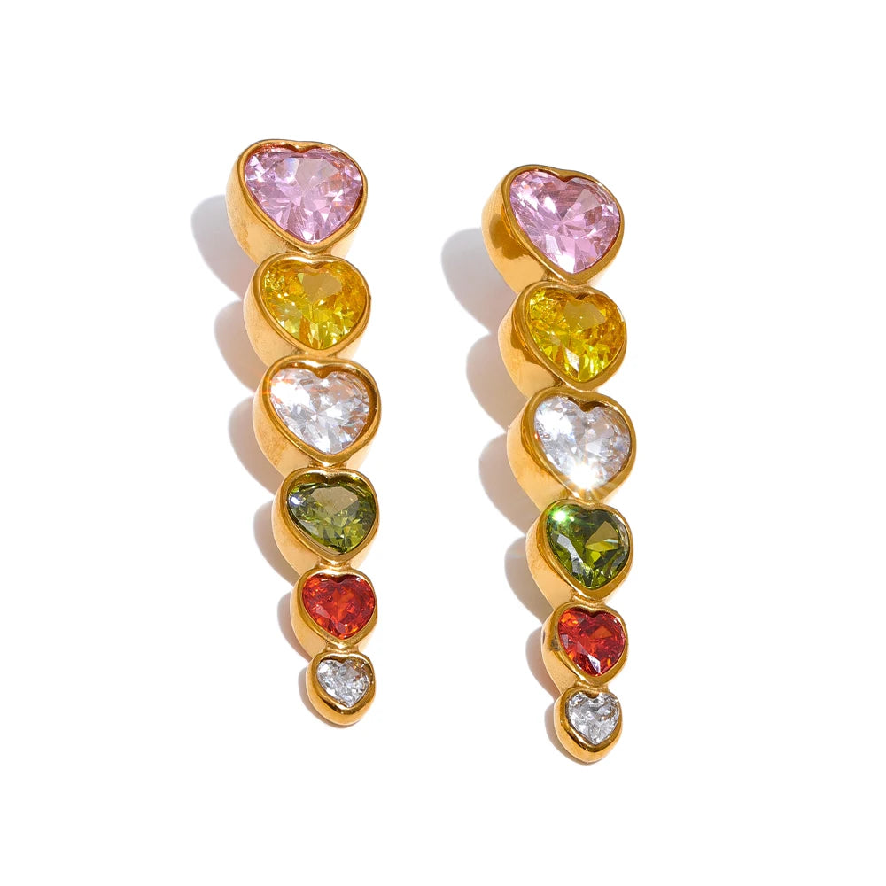 Colorful Heart Zircon Stud Earrings - Ecru
