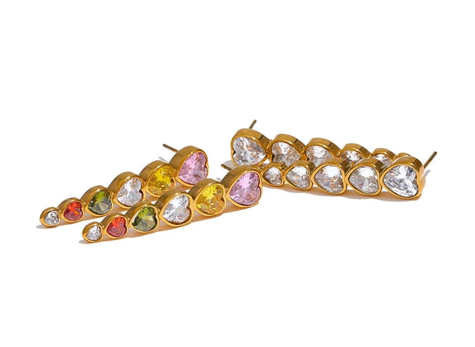 Colorful Heart Zircon Stud Earrings - Ecru