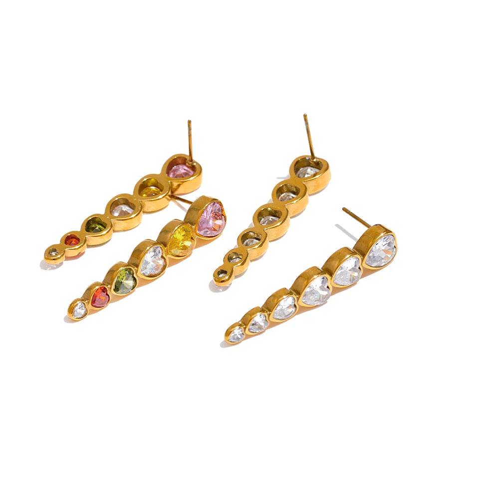Colorful Heart Zircon Stud Earrings - Ecru