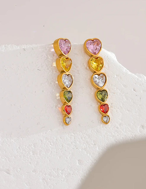 Colorful Heart Zircon Stud Earrings - Ecru