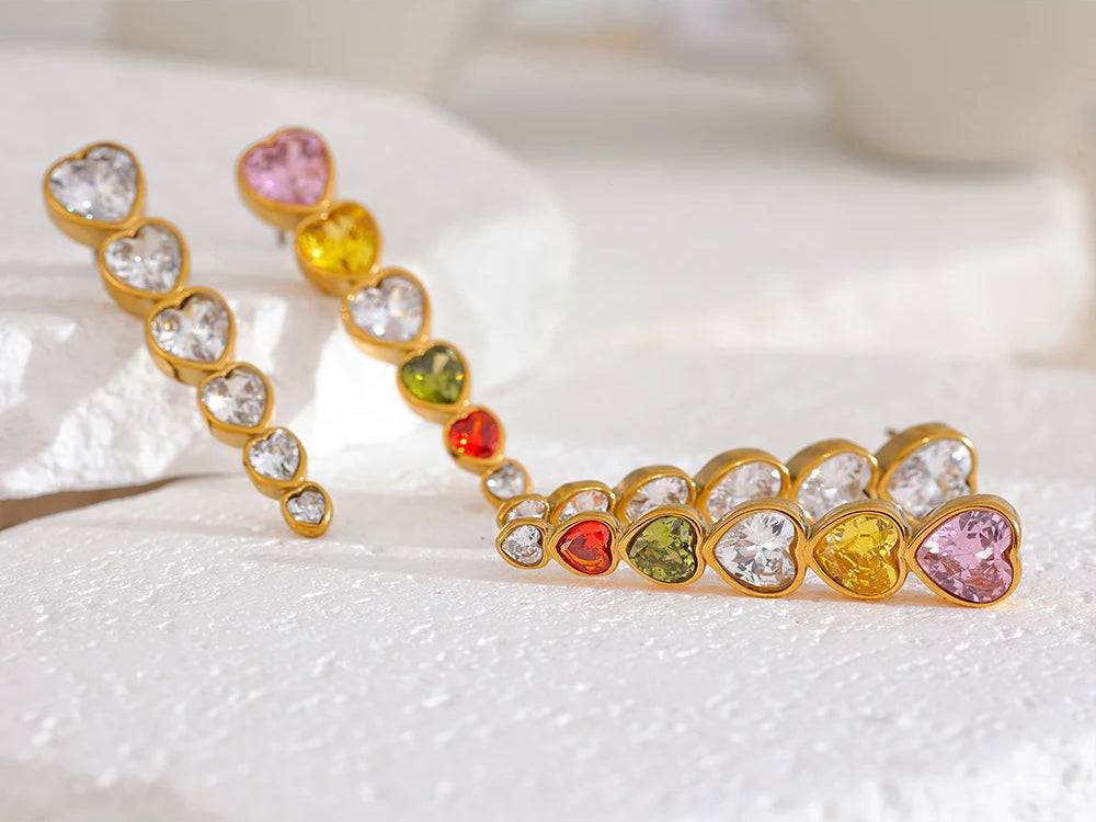 Colorful Heart Zircon Stud Earrings - Ecru