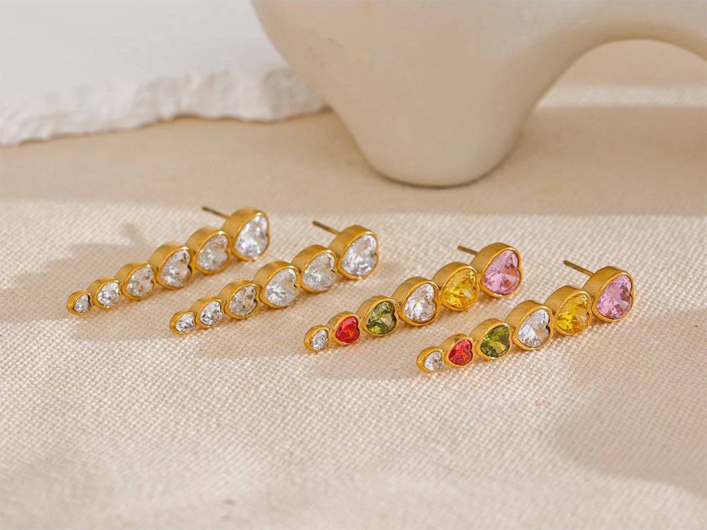 Colorful Heart Zircon Stud Earrings - Ecru