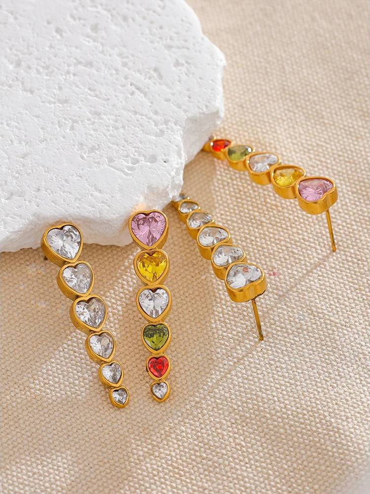 Colorful Heart Zircon Stud Earrings - Ecru
