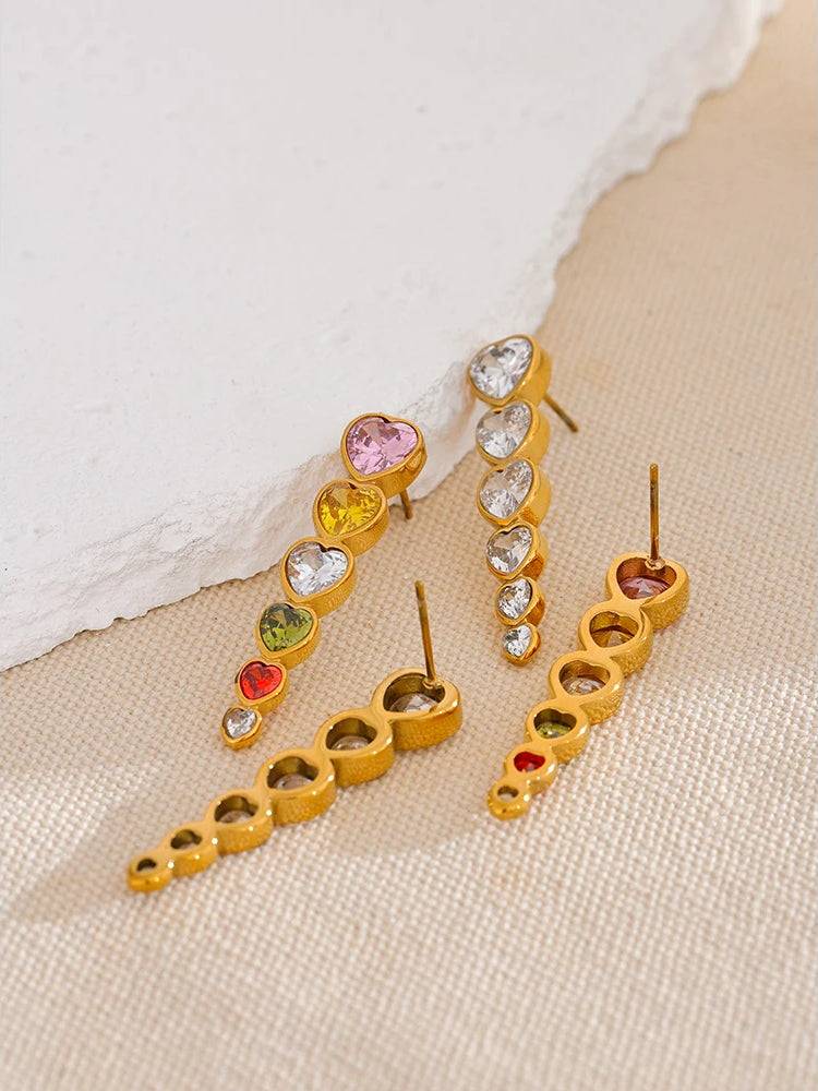 Colorful Heart Zircon Stud Earrings - Ecru