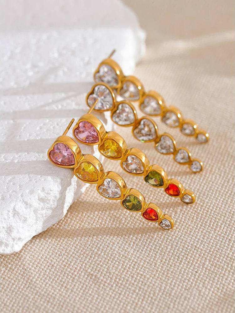 Colorful Heart Zircon Stud Earrings - Ecru