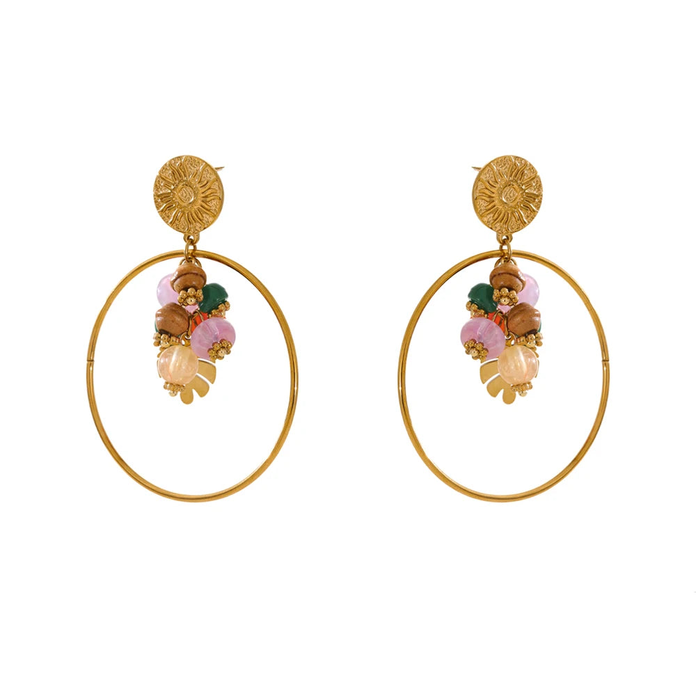 Colorful Natural Stone Drop Earrings - Ecru