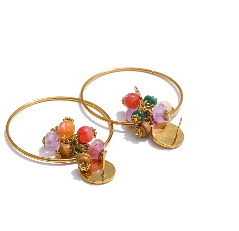 Colorful Natural Stone Drop Earrings - Ecru