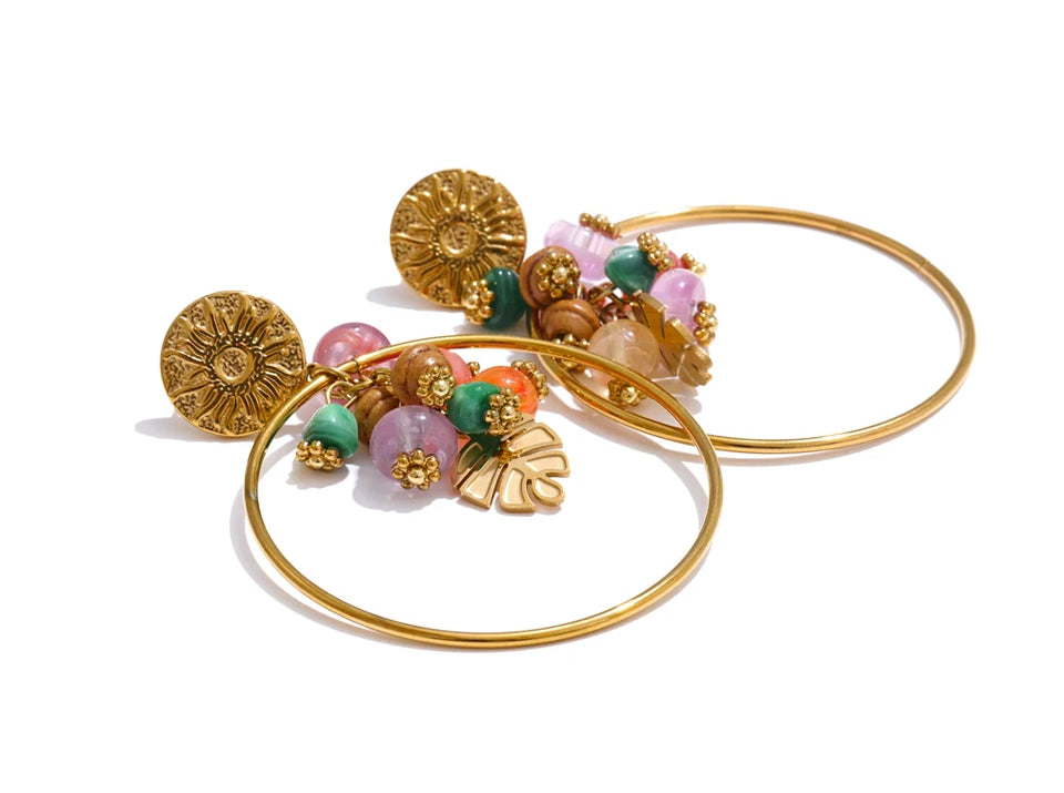 Colorful Natural Stone Drop Earrings - Ecru
