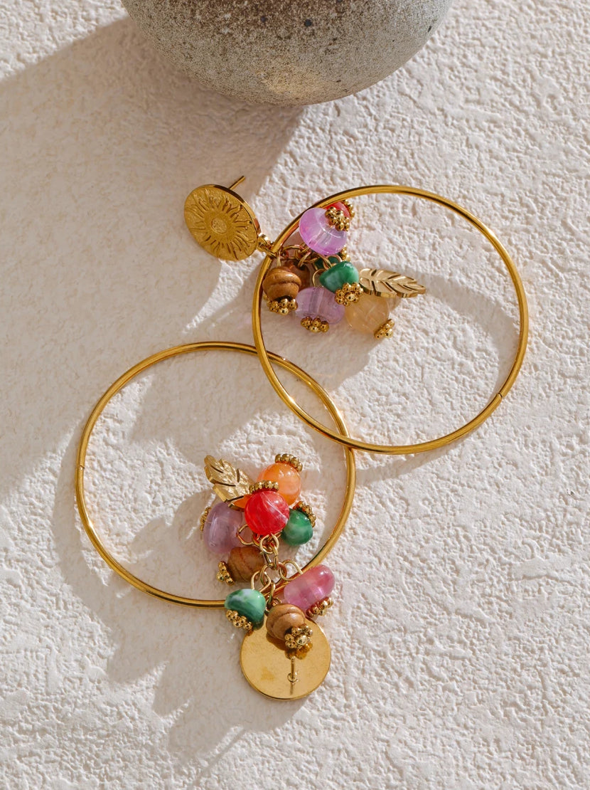 Colorful Natural Stone Drop Earrings - Ecru