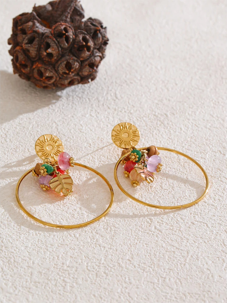 Colorful Natural Stone Drop Earrings - Ecru