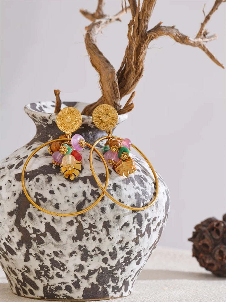 Colorful Natural Stone Drop Earrings - Ecru