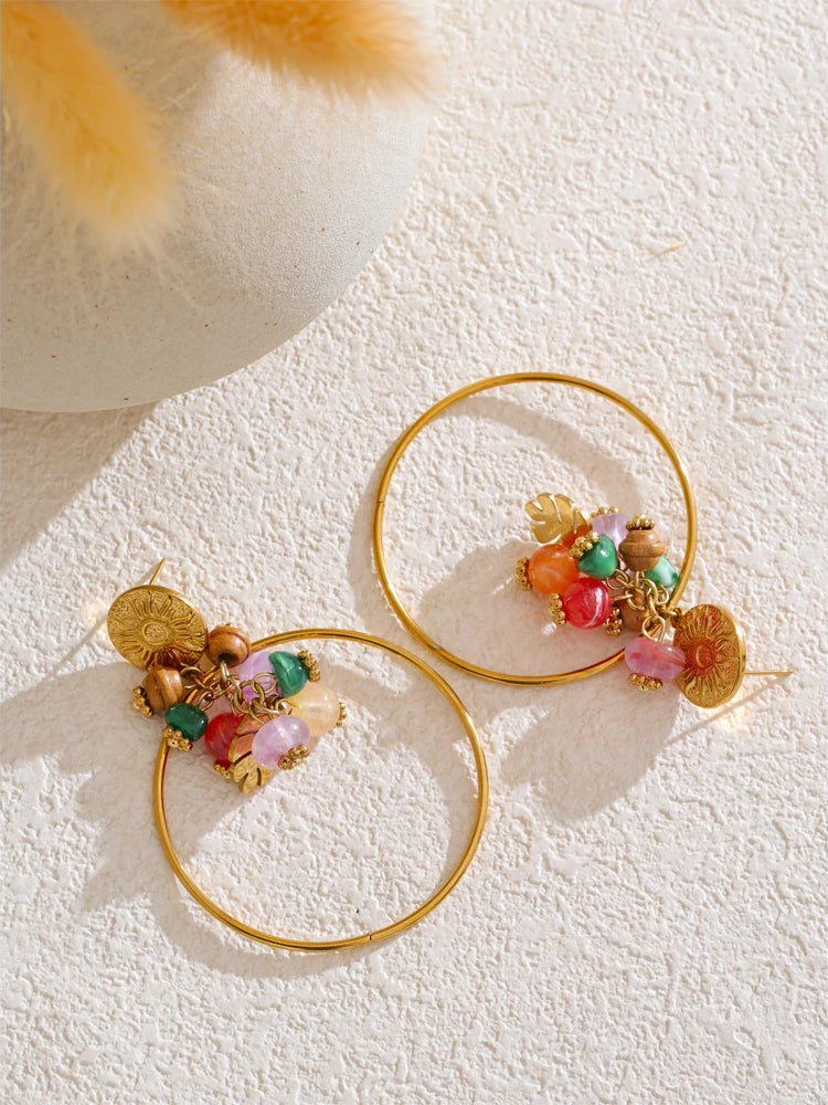 Colorful Natural Stone Drop Earrings - Ecru