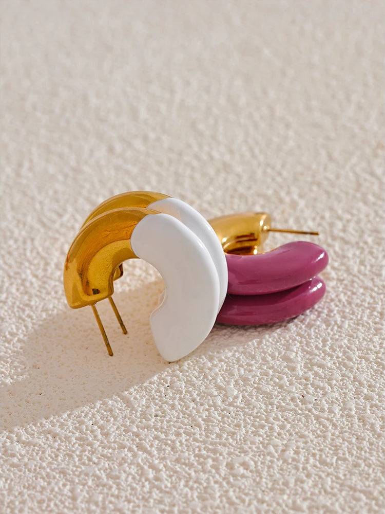 Colorful Refined Chunky Hoop Earrings - Ecru