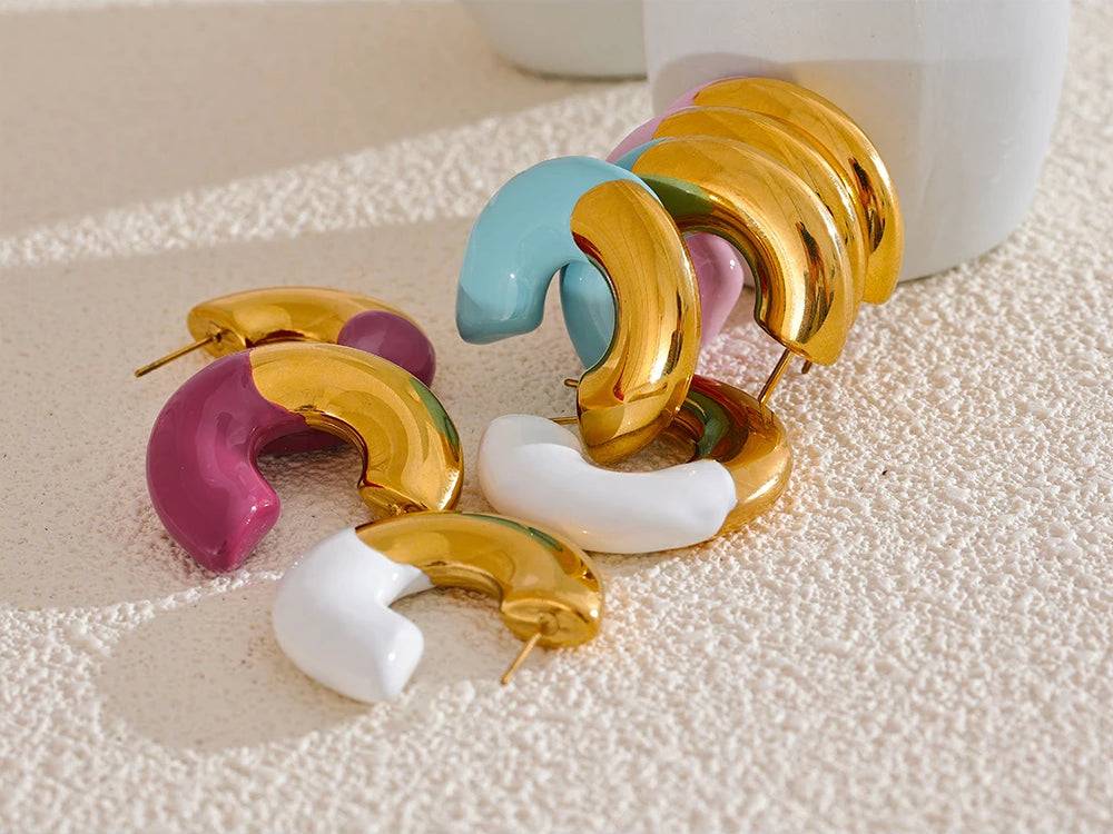 Colorful Refined Chunky Hoop Earrings - Ecru