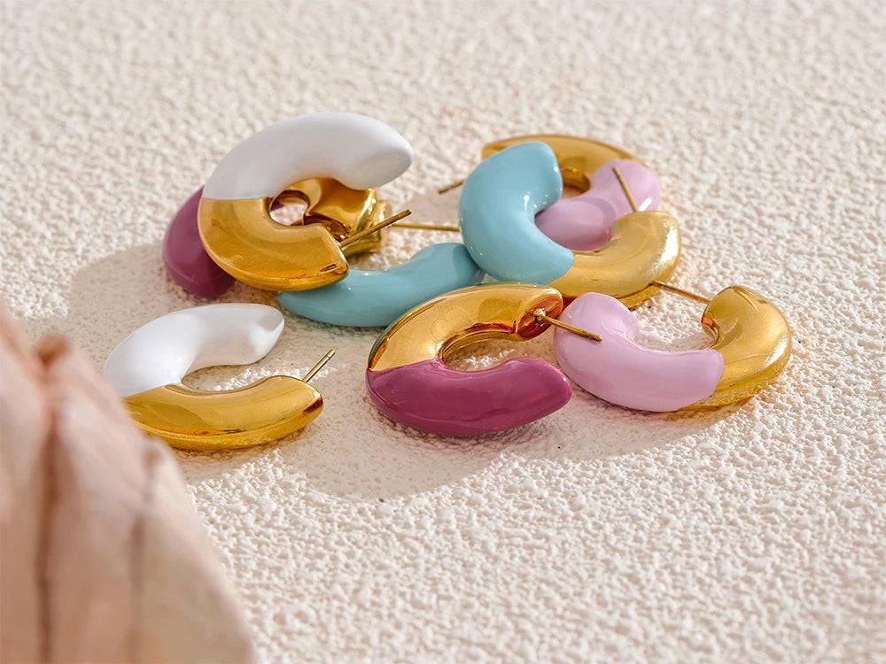 Colorful Refined Chunky Hoop Earrings - Ecru