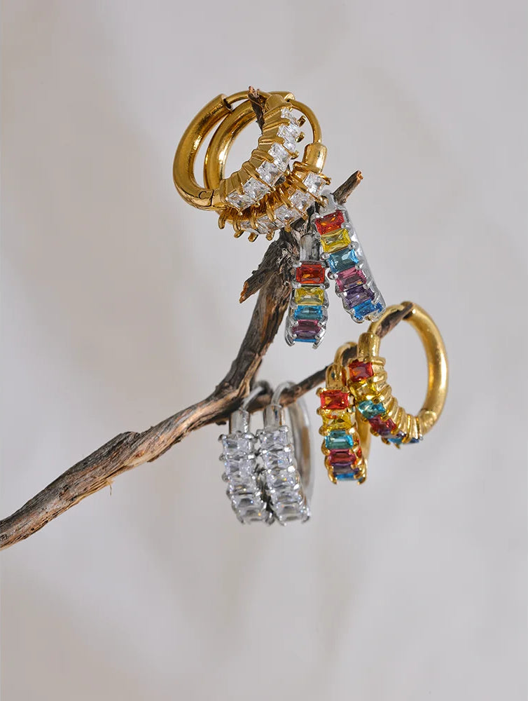 Colorful Zircon Rainbow Hoop Earrings - Ecru