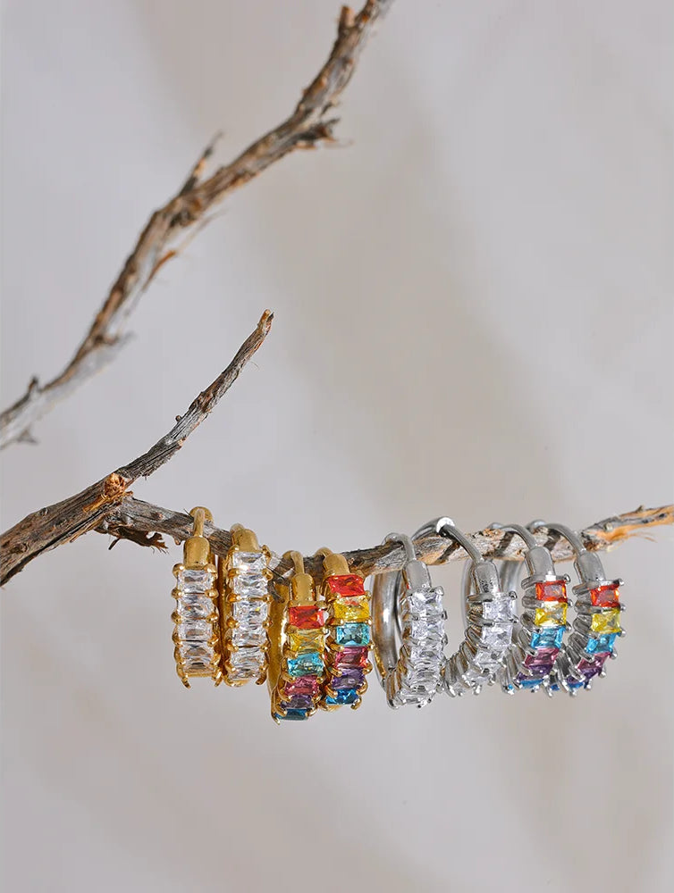 Colorful Zircon Rainbow Hoop Earrings - Ecru