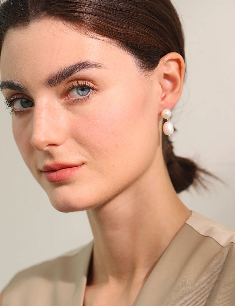 Freshwater Pearl Geometric Drop Earrings - Ecru