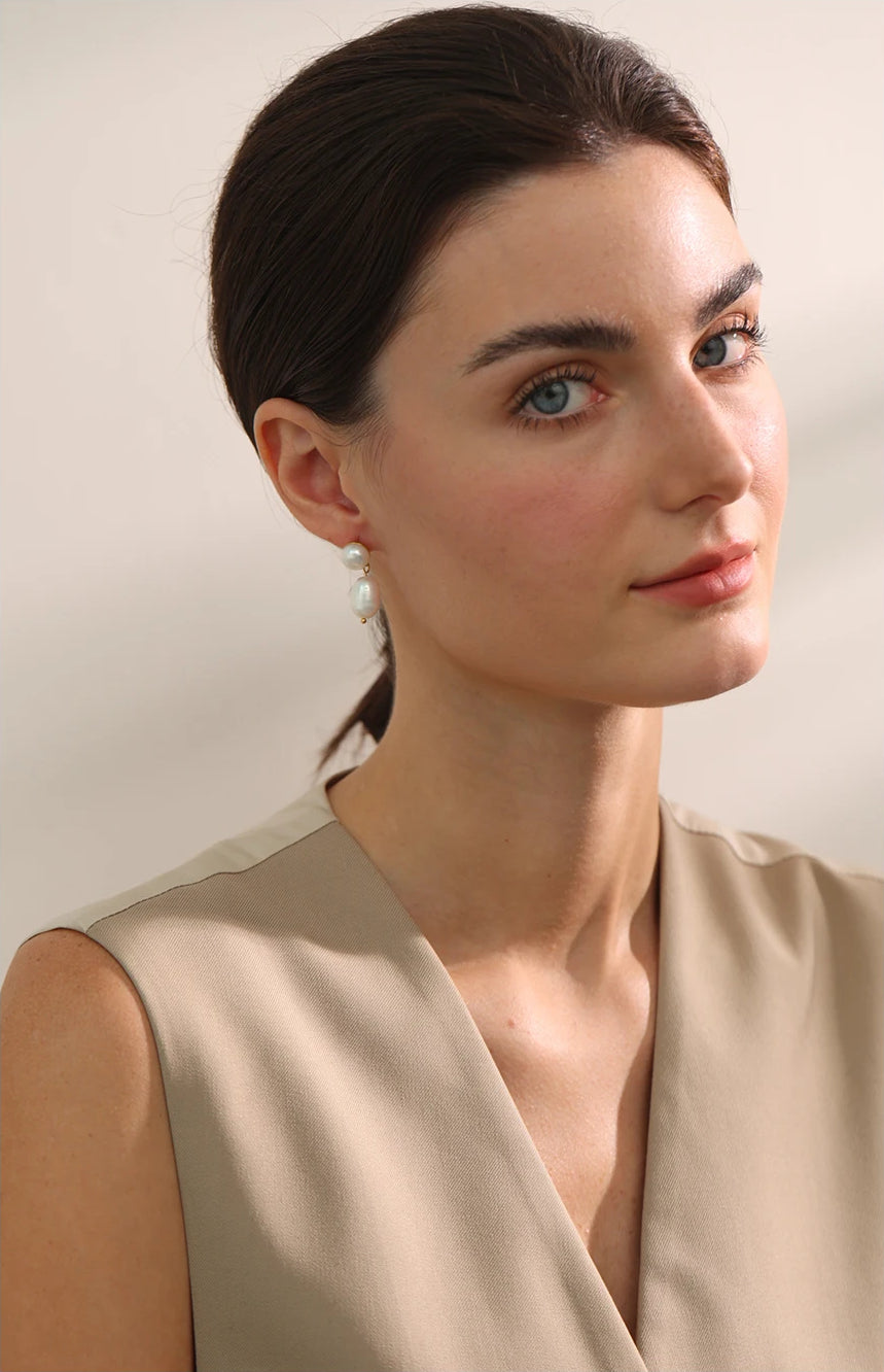 Freshwater Pearl Geometric Drop Earrings - Ecru