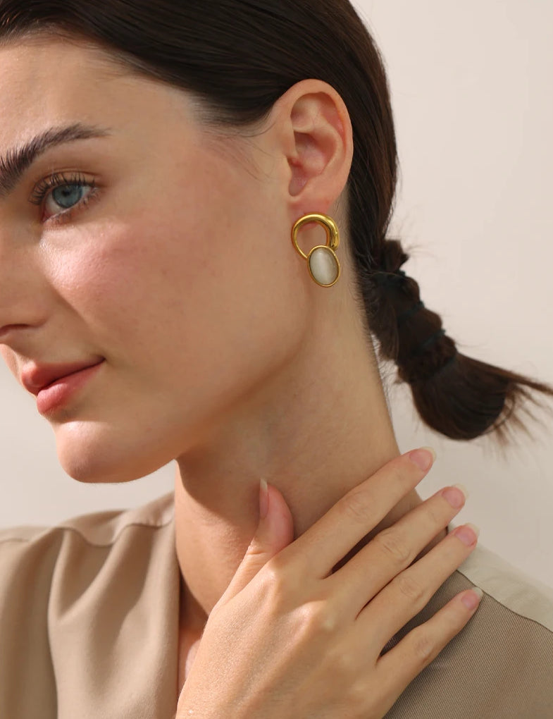 Geometric Natural Stone Stud Earrings - Ecru