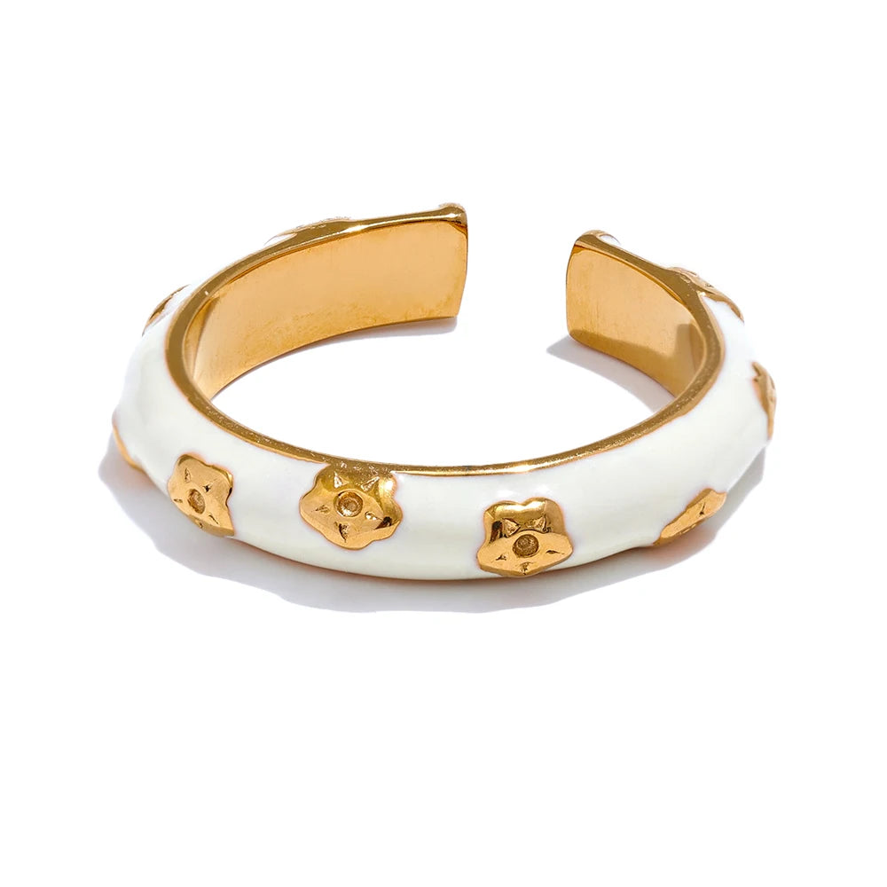 Geometric Trendy Enamel Statement Ring - Ecru