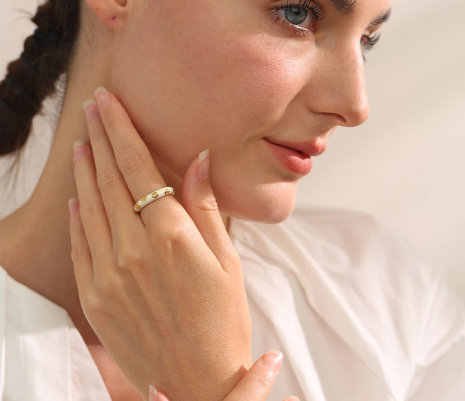 Geometric Trendy Enamel Statement Ring - Ecru
