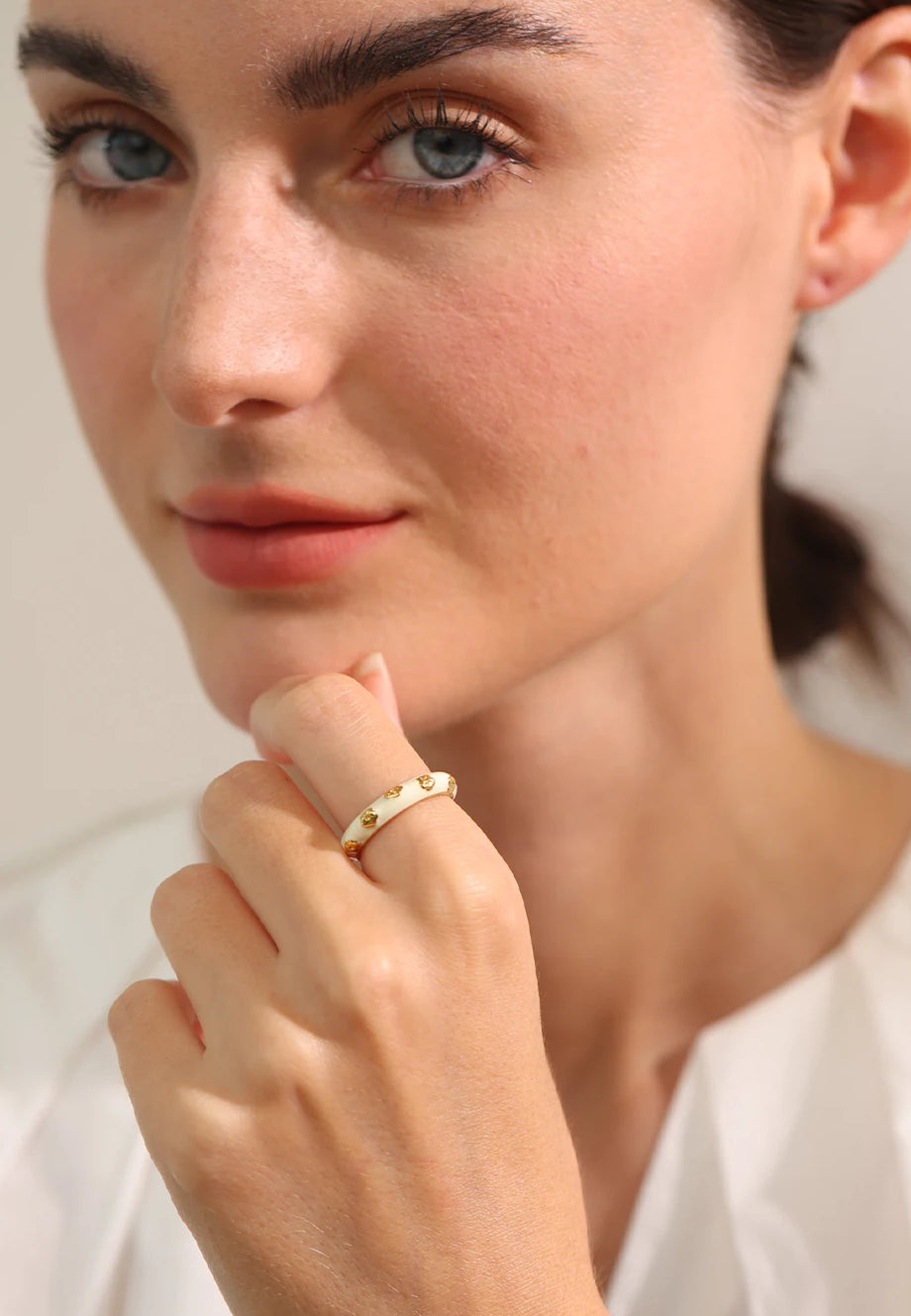 Geometric Trendy Enamel Statement Ring - Ecru