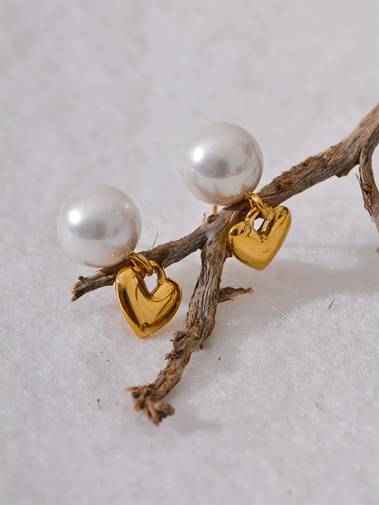 Imitation Pearls Heart Love Earrings - Ecru