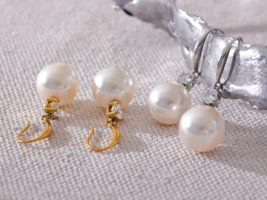 Imitation Pearls Round Drop Earrings - Ecru
