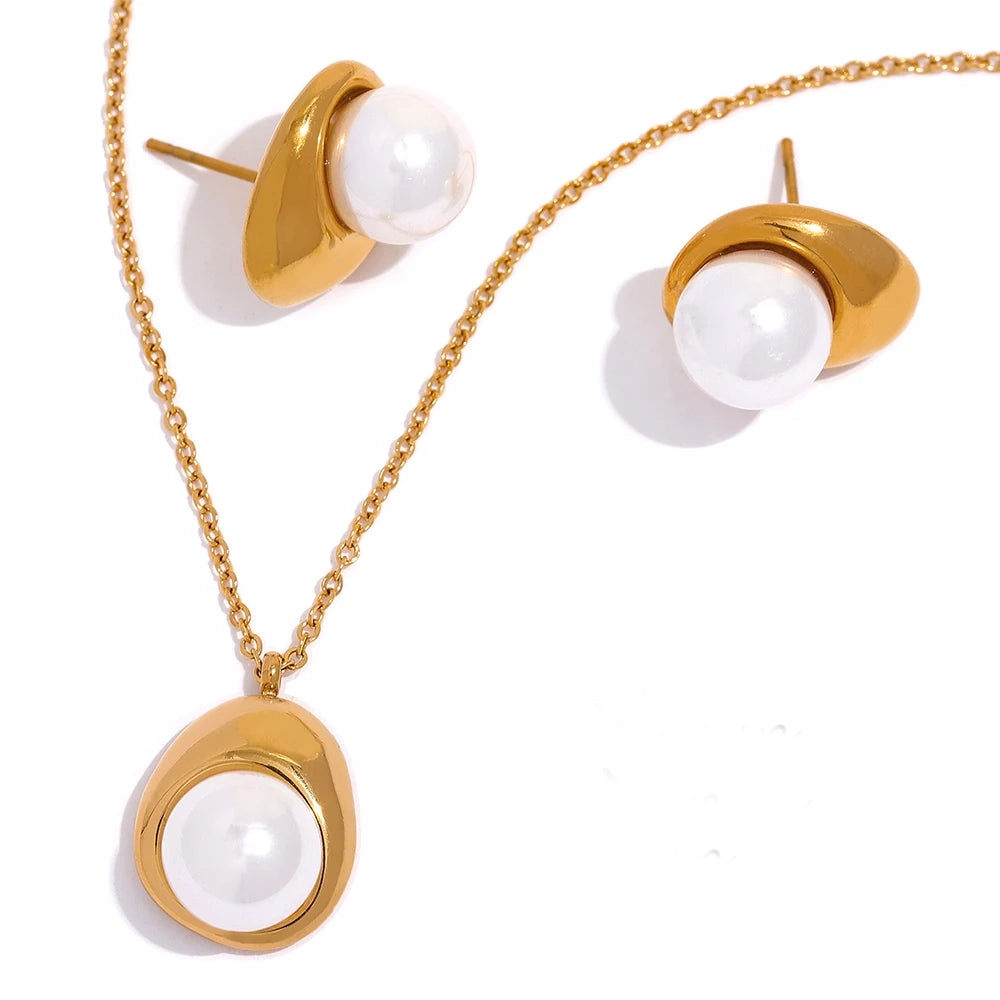 Minimalist Pearl Charm Jewelry Set, Set - Ecru