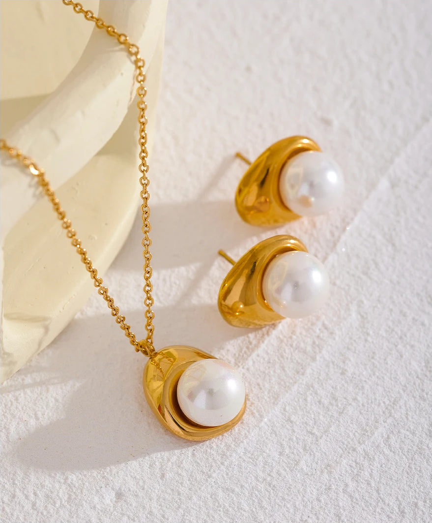 Minimalist Pearl Charm Jewelry Set - Ecru